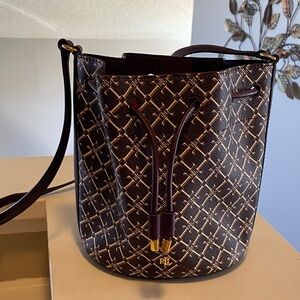Ralph Lauren burgundy,& Gold Monogram Drawstring Crossbody Bag